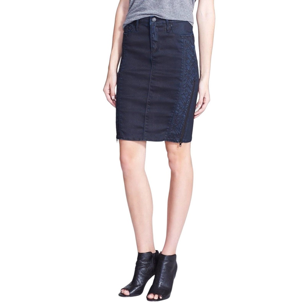 True Religion Chloe Moto Style Pencil Denim Skirt Coated Night 30 Nwt $228